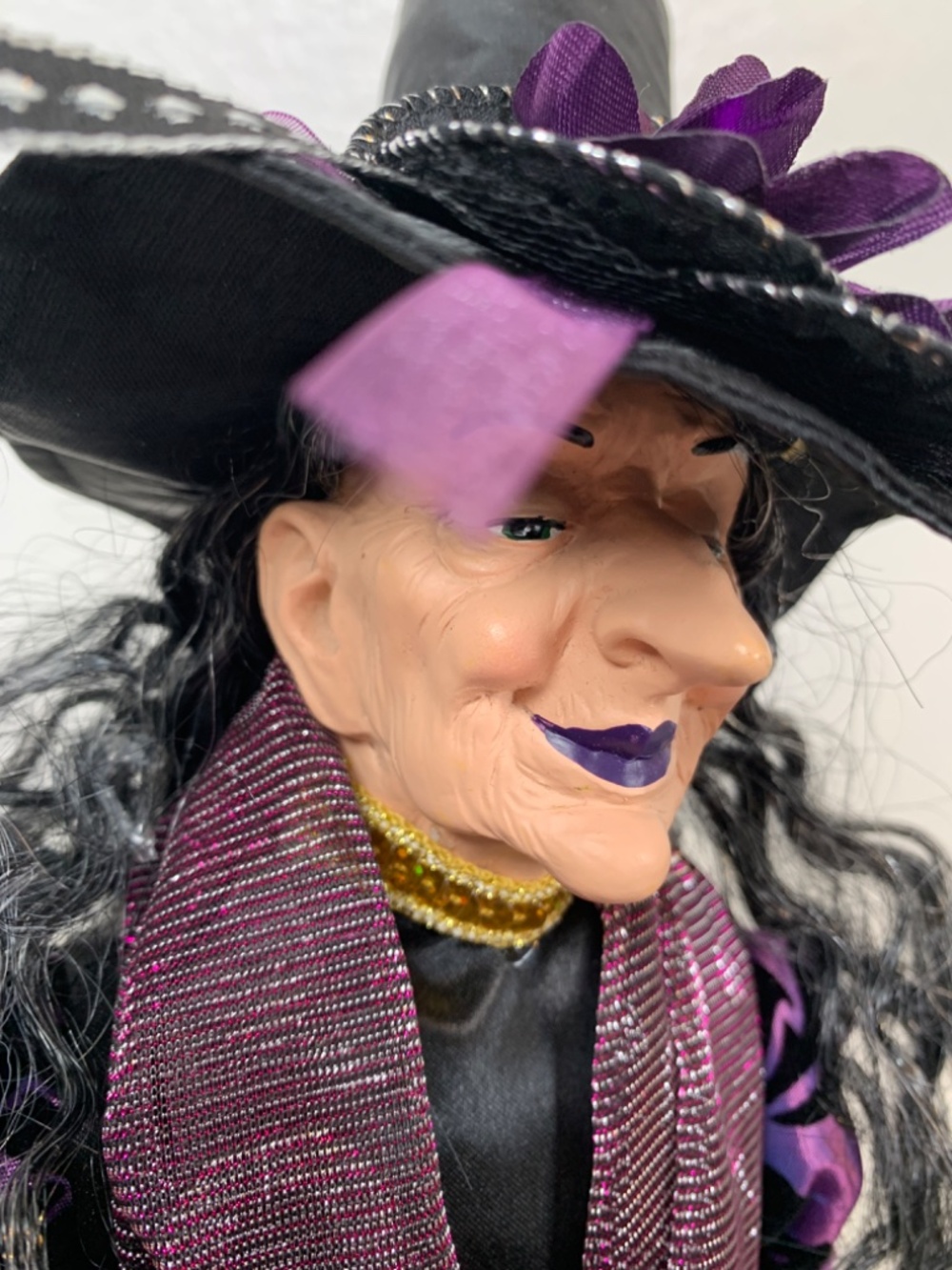 Spooky Old Witch With Broom Doll Shelf Sitter Purple Black Halloween Scary Decor - Picture 5 of 16